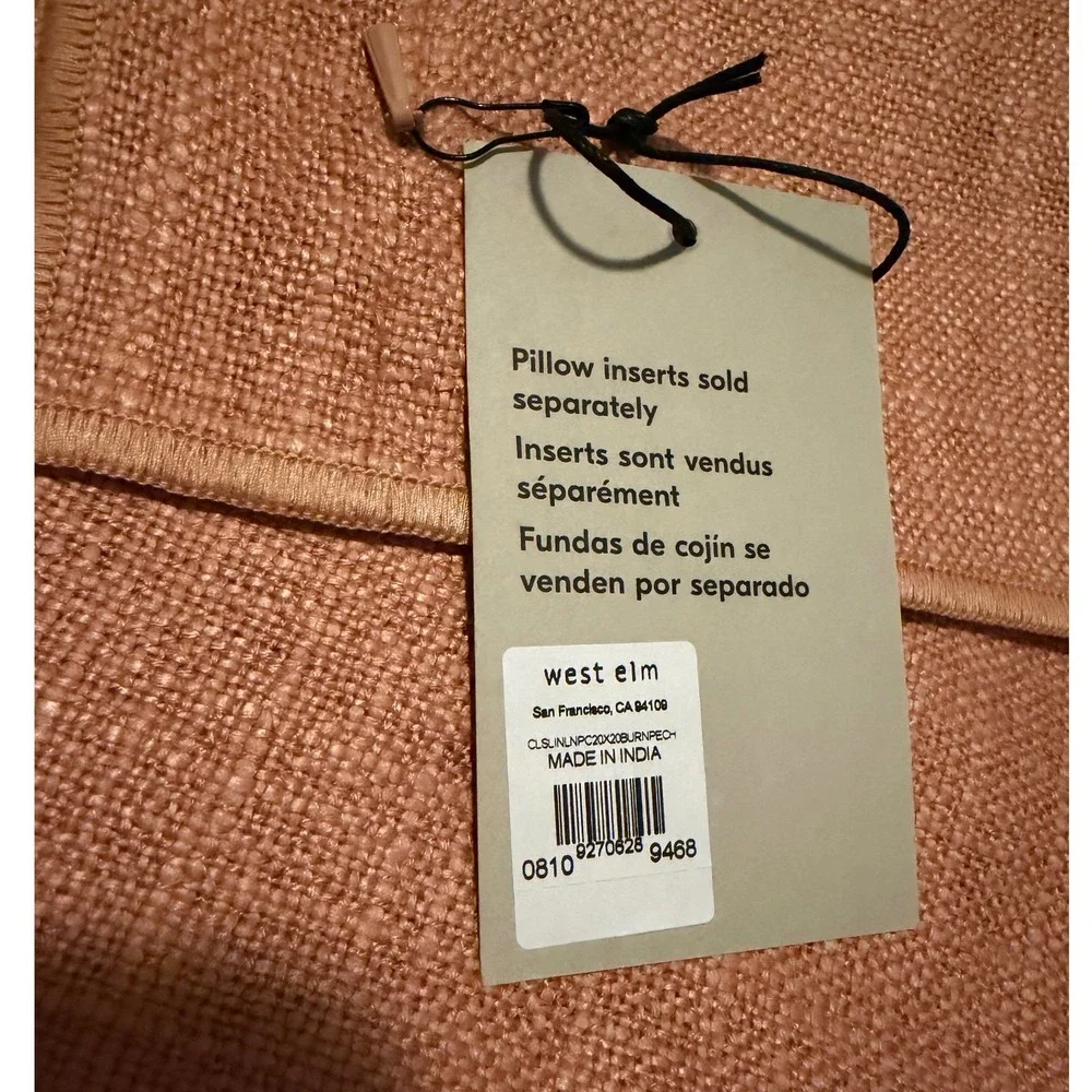 West Elm Belgian Flax Linen Pillow Cover 20x20 Burnt Peach Square 20x20 NWT